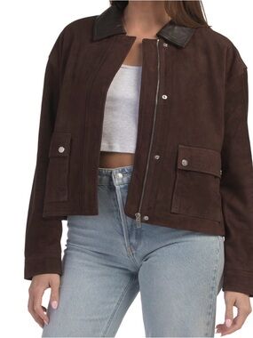 Bod & Christensen Chocolate Brown Suede Bomber Jacket with Leather Collar
